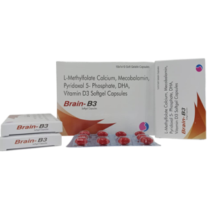 BRAIN-B3 PLUS (Softgel) – L-Methylfolate 1mg, Mecobalamin 1500mcg, Pyridoxal 5 Phosphate 0.5mg,  Decosahexaenoic Acid (DHA) 40% 200mg & Vitamin D3 2000 I.U (Drug) Softgel  | By Gynaemex Care