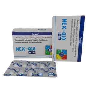 MEX-Q 10 TOTAL (Tablet) – L-Carnitine, Co Enzyme Q 10, Omega 3 Fatty Acid (DHA) Ginseng, Pyridoxine  HCL, Astaxanthin, Vitamin E,  Zinc Sulphate, Chromium, Vitamin K2-7  & Selenium Tablets | By Gynaemex Care